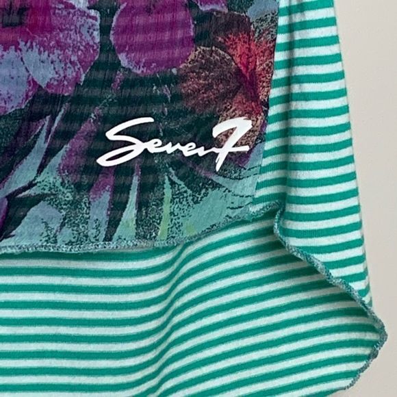 Seven7 Top Tee Shirt Floral Stripe Chiffon Jersey Knit High Low Sheer Knot Sz M - Picture 7 of 11